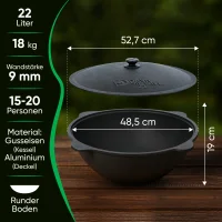 Казан чугунный, алюминиевая крышка, круглое дно, 22 л, Ø  52,7 см