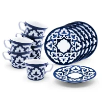 Usbekisches Porzellan-Set Pahta Gul Abgerundete Form, 12-teilig, 6 Teebecher 220 ml & 6 Teller Ø 12 cm