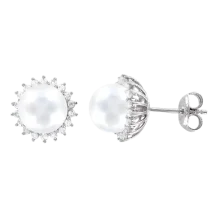 Ohrstecker, Silber 925°, Zirkonia, Süßwasser-Zuchtperle, 11 mm