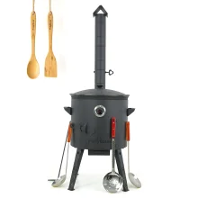 Utschak Feuerofen Ø 40 cm + Gusseisen-Kasan 12 L, Ø 42,5 cm, runder Boden + Küchenzubehör, Usbekischer Kochtopf aus Gusseisen für Grill & Plov
