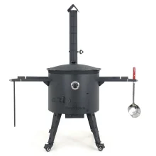 Utschak Feuerofen Ø 49 cm + Gusseisen-Kasan 22 L, flacher Boden + Küchenzubehör, Usbekischer Kochtopf aus Gusseisen