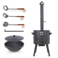 Set - Feuerofen- KazanoFF, für Kasan 12 Liter, Ø 40 cm + Thermometer + Gusseisenkasan, runder Boden, Ø 42,5 cm, 12 l + Schaumlöffel: 2 Stk. + Schöpfk