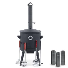 Utschak Feuerofen Ø 40 cm + Gusseisen-Kasan 12 L, runder Boden + Küchenzubehör, Usbekischer Kochtopf aus Gusseisen