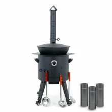 Utschak Feuerofen Ø 44 cm + Gusseisen-Kasan 16 l, runder Boden + Küchenzubehör, Usbekischer Kochtopf aus Gusseisen