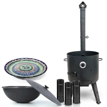 Set - Feuerofen - KasanoFF, 16 Liter, Ø 44 cm + Rohrverlängerung + Gusseisenkasan, flacher Boden, Ø 46,5 cm, 16 l + Thermometer + Lagan MIX-Muster, Ø 