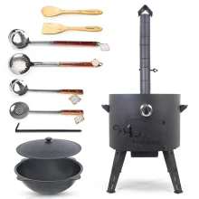 Set - Feuerofen - KazanoFF, 22 Liter, Ø 49 cm + Gusseisenkasan mit rundem Boden, 22 l, Ø 52,7 cm + Thermometer + Schaumlöffel: 3 Stk. + Schöpfkelle + 