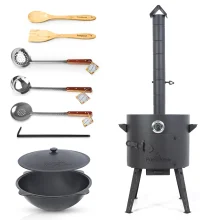 Set - Feuerofen - KasanoFF, 12 Liter, Ø 40 cm, Thermometer, Gusseisenkasan, runder Boden, Ø 42,5 cm, 12 l, Schaumlöffel: 2 Stk., Schöpfkelle, Spatel,L