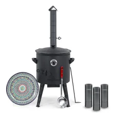 Utschak Feuerofen Ø 40 cm + Gusseisen-Kasan 12 L, flacher Boden + Küchenzubehör, Usbekischer Kochtopf aus Gusseisen