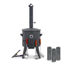 Utschak Feuerofen Ø 44 cm + Gusseisen-Kasan 16 l, Ø 46,5 cm, flacher Boden + Küchenzubehör, Usbekischer Kochtopf aus Gusseisen