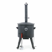 Utschak Feuerofen Ø 49 cm + Gusseisen-Kasan 22 L, Ø 52,7 cm, runder Boden + Küchenzubehör, Usbekischer Kochtopf aus Gusseisen