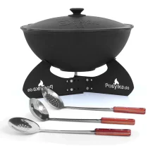 Kasan aus Gusseisen, Aluminiumdeckel, flacher Boden, Ø 42,5 cm, 12 l + Untersetzer + Küchenzubehör