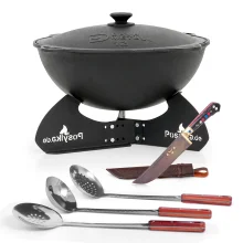 Kasan aus Gusseisen, Aluminiumdeckel, runder Boden, Ø 42,5 cm, 12 l + Untergestell + Küchenzubehör