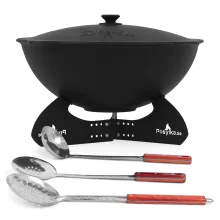 Kasan aus Gusseisen, Aluminiumdeckel, flacher Boden, 22 l, Ø 52,7 + Untersetzer + Küchenzubehör