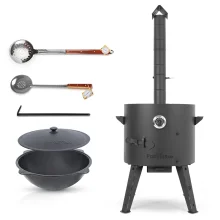 Set - Feuerofen- KazanoFF, für Kasan 16 Liter, Ø 44 cm + Gusseisenkasan, runder Boden, Ø 46,5 cm, 16 l + Thermometer + Schaumlöffel: 2 Stk.