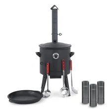Utschak Feuerofen Ø 40 cm + Gusseisen-Kasan 12 L, flacher Boden + Küchenzubehör, Usbekischer Kochtopf aus Gusseisen