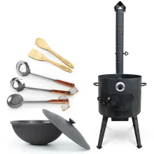 Set - Feuerofen - KasanoFF, 12 Liter, Ø 40 cm, Thermometer, Gusseisenkasan, flacher Boden, Ø 42,5 cm, 12 l, Schaumlöffel: 2 Stk., Schöpfkelle, Spatel,