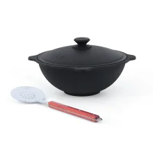 Set - Gusseiserner Kasan, Aluminiumdeckel, flacher Boden, Ø 33,5 cm, 6 l + Schaumlöffel 40 cm