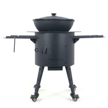 Utschak Feuerofen Ø 40 cm + Gusseisen-Kasan 12 L, runder Boden, Transportrollen, Ablagetische, Ofenplatte + Küchenzubehör, Usbekischer Kochtopf aus Gu