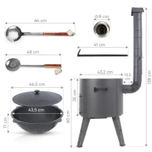 Utschak Feuerofen Ø 44 cm + Gusseisen-Kasan 16 l, Ø 46,5 cm, runder Boden + Küchenzubehör, Usbekischer Kochtopf aus Gusseisen