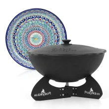 Kasan aus Gusseisen, Aluminiumdeckel, flacher Boden, Ø 46,5 cm, 16 l + Ständer + Lagan Ø 37 cm + Küchenutensilien