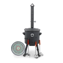 Utschak Feuerofen Ø 40 cm + Gusseisen-Kasan 12 L, runder Boden + Küchenzubehör, Usbekischer Kochtopf aus Gusseisen