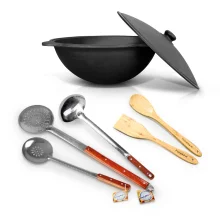 Набор - Казан чугунный, круглое дно, 22 л, Ø 52,7 см + шумовка: 2 шт. + поварёшка + лопатка + ложка Набор - Казан чугунный, круглое дно, 22 л, Ø 52,7 см + шумовка: 2 шт. + поварёшка + лопатка + ложка