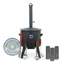 Utschak Feuerofen Ø 49 cm + Gusseisen-Kasan 22 L, Ø 52,7 cm, flacher Boden + Küchenzubehör, Usbekischer Kochtopf aus Gusseisen
