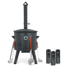 Utschak Feuerofen Ø 44 cm + Gusseisen-Kasan 16 l, Ø 46,5 cm, runder Boden + Küchenzubehör, Usbekischer Kochtopf aus Gusseisen