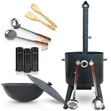 Set - Feuerofen - KasanoFF, 22 Liter, Ø 49 cm + Thermometer + Rohrverlängerung + Gusseisenkasan, runder Boden, 22 l, Ø 52,7 cm + Schaumlöffel: 3-Stk.+