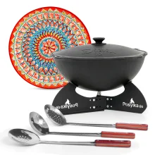 Kasan aus Gusseisen, Aluminiumdeckel, runder Boden, Ø 42,5 cm, 12 l + Untersetzer + Lagan Ø 37 cm + Küchenzubehör