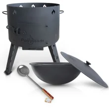  Set - Feuerofen - KazanOFF, für Kasan 22 Liter, Ø 49 cm + Gusseisenkasan, Aluminiumdeckel, runder Boden, 22 l, Ø 52,7 cm + Schaumlöffel für Plow
