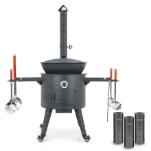 Utschak Feuerofen Ø 49 cm + Gusseisen-Kasan 22 L, runder Boden + Küchenzubehör, Usbekischer Kochtopf aus Gusseisen