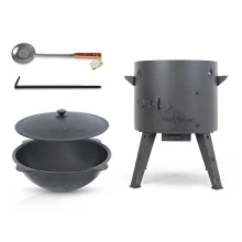 Set - Feuerofen - KasanoFF, 16 Liter, Ø 44 cm + Gusseisenkessel, runder Boden, Ø 46,5 cm, 16 l + Schaumlöffel 48 cm
