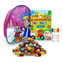 Geschenkrucksack mit Süßigkeiten und Malbuch - Schneemädchen, 20 x 23 cm