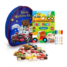  Подарочный рюкзак с конфетами и раскраской - Друзья на тачке, 20 х 23 см