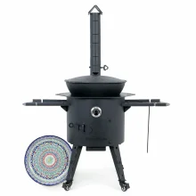 Utschak Feuerofen Ø 44 cm + Gusseisen-Kasan 16 l, Ø 46,5 cm, flacher Boden + Küchenzubehör, Usbekischer Kochtopf aus Gusseisen