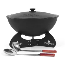 Kasan aus Gusseisen, Aluminiumdeckel, flacher Boden, Ø 46,5 cm, 16 l + Ständer + Küchenzubehör