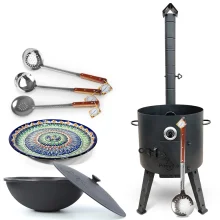 Set - Feuerofen - KasanoFF, 16 l, Ø 44 cm + Thermometer + Gusseisenkasan, runder Boden, Ø 46,5 cm, 16 l + Lagan MIX, Ø 37 cm + Schaumlöffel: 3 Stk. + 