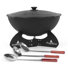 Kasan aus Gusseisen, Aluminiumdeckel, flacher Boden, Ø 46,5 cm, 16 l + Ständer + Küchenzubehör