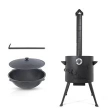 Set - Feuerofen - KasanoFF, für Kasan 10 Liter, Ø 36 cm + Gusseisenkasan, Aluminiumdeckel, runder Boden, Ø 38,5 cm, 10 l + Thermometer