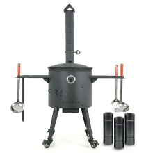Set - Feuerofen mit Rohr Ø 44 cm + Kasan Ø 46,5 cm, 16 L+Thermometer+Verlängerung+Rollenset+Ablagetisch+Schaumlöffel+Schöpfkelle+Griff+Zahnstocherspen