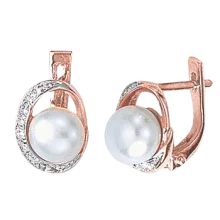 Серьги, красное золото 585°, фианит, культивированный натуральный жемчуг, английская застежка, 15 мм