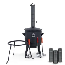 Utschak Feuerofen Ø 40 cm + Gusseisen-Kasan 12 L, runder Boden + Küchenzubehör, Usbekischer Kochtopf aus Gusseisen