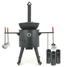 Set - Feuerofen mit RohrØ 44 cm+Kasan Ø46,5cm, 16l+Thermometer+Verlängerung+Herdplatte+Rollenset+Ablagetisch+Schaumlöffel+Schöpfkelle+Zahnstocherspend