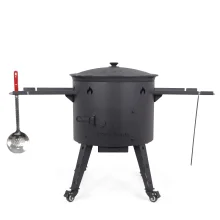 Utschak Feuerofen Ø 49 cm + Gusseisen-Kasan 22 L, flacher Boden, Transportrollen, Ablagetische + Küchenzubehör, Usbekischer Kochtopf aus Gusseisen