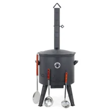 Utschak Feuerofen Ø 44 cm + Gusseisen-Kasan 16 L, runder Boden + Küchenzubehör, Usbekischer Kochtopf aus Gusseisen