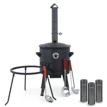 Utschak Feuerofen Ø 40 cm + Gusseisen-Kasan 12 L, flacher Boden + Küchenzubehör, Usbekischer Kochtopf aus Gusseisen