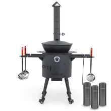 Utschak Feuerofen Ø 40 cm + Gusseisen-Kasan 12 L, flacher Boden + Küchenzubehör, Usbekischer Kochtopf aus Gusseisen