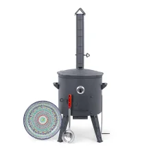 Utschak Feuerofen Ø 44 cm + Gusseisen-Kasan 16 l, Ø 46,5 cm, runder Boden + Küchenzubehör, Usbekischer Kochtopf aus Gusseisen