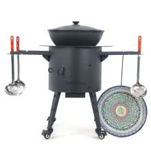 Учаг печь Ø 40 см + чугунный казан 12 л, круглое дно, колёса, столики, плита + кухонные принадлежности, узбекский чугунный казан для гриля и плова